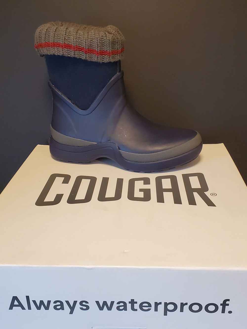 Cougar Navy Boot with Gray Knit Cuff and Red Stripe